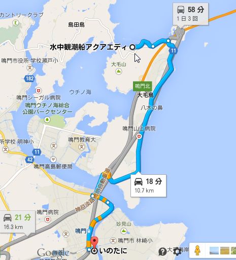 鳴門観光港から徳島ラーメン、いのたに鳴門店への地図