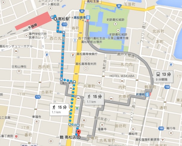 高松駅から一鶴高松店までの地図